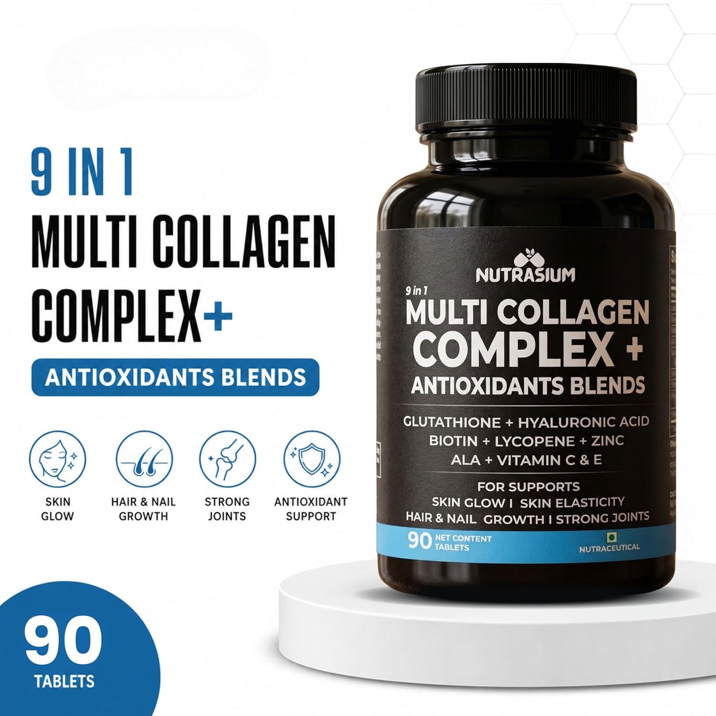 Nutrasium Multi Collagen Complex with Glutathione For Skin Radiance | with Hyaluronic Acid, Vitamin C & E | Veg Collagen Tablets For Skin & Hair | 90 tablets