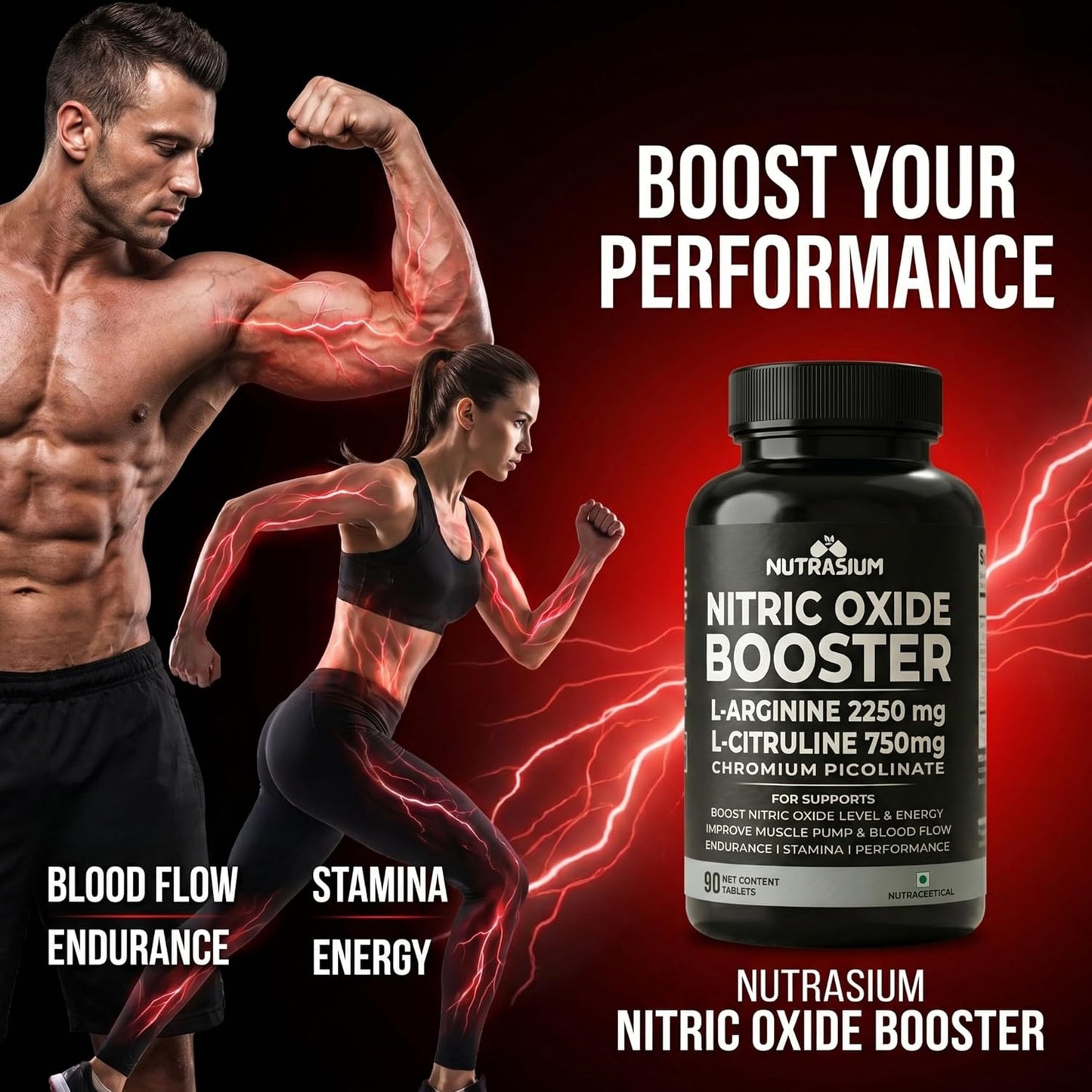 Nutrasium Nitric Oxide Supplement For Man | 2250 mg L-Arginine, 750 mg L-Citrulline with Chromium Picolinate For Supports Nitric Oxide Level, Improve Muscle Pump & Blood Flow, Boost Endurance, Stamina & Performance | 90 veg Tablets.