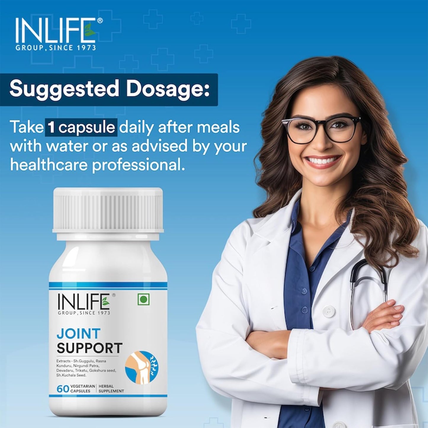 INLIFE Joint Support Supplement with Ayurvedic Herbs | Boswellia Serrata, Guggul, Tribulus, Rasna and more - 60 Vegetarian Capsules (Pack of 1)