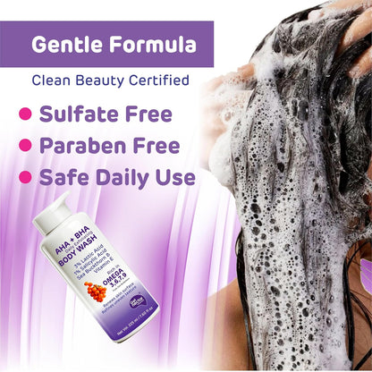 Get Nectar Happiness Korean Glow Essence AHA-BHA Body Wash | 4% Actives (3% Lactic Acid + 1% Salicylic Acid) | Omega 3,6,7,9 | Exfoliating Body Wash for Tan, Body Acne & Smooth Glowing Skin | Sulfate & Paraben Free | For Men & Women | 225ml