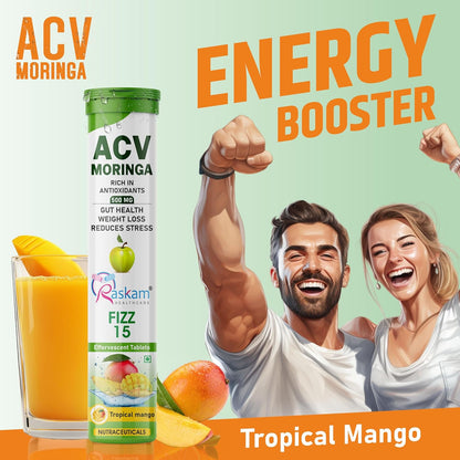 Apple Cider Vinegar (ACV) Moringa | Master Your Appetite & Boost Immunity | Natural Energy with Antioxidants | No Added Sugar | Tropical Mango Flavor | 15 Fizz Tablets (500mg) Pack of 1