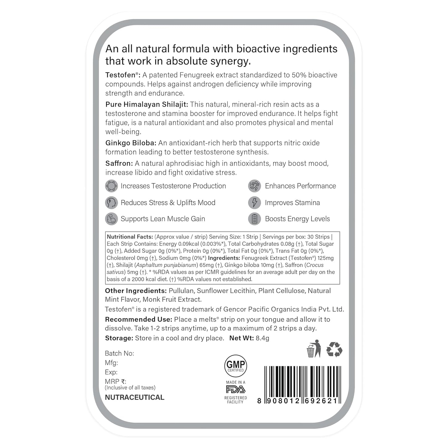 Wellbeing Nutrition meltsÂ® Testo Power | TestofenÂ®, Himalayan Shilajit, Ginkgo biloba | Plant-Based | Supports Healthy Testosterone Levels, Performance, Stamina & Energy | 30 Oral Strips