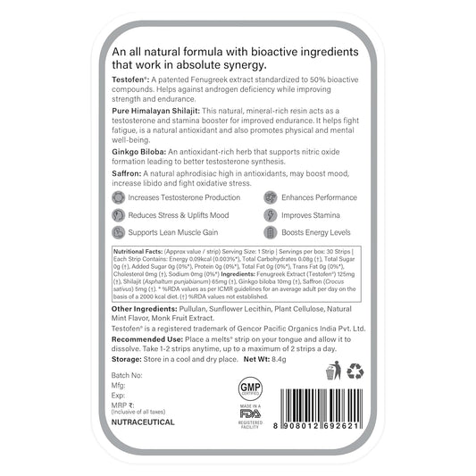 Wellbeing Nutrition meltsÂ® Testo Power | TestofenÂ®, Himalayan Shilajit, Ginkgo biloba | Plant-Based | Supports Healthy Testosterone Levels, Performance, Stamina & Energy | 30 Oral Strips