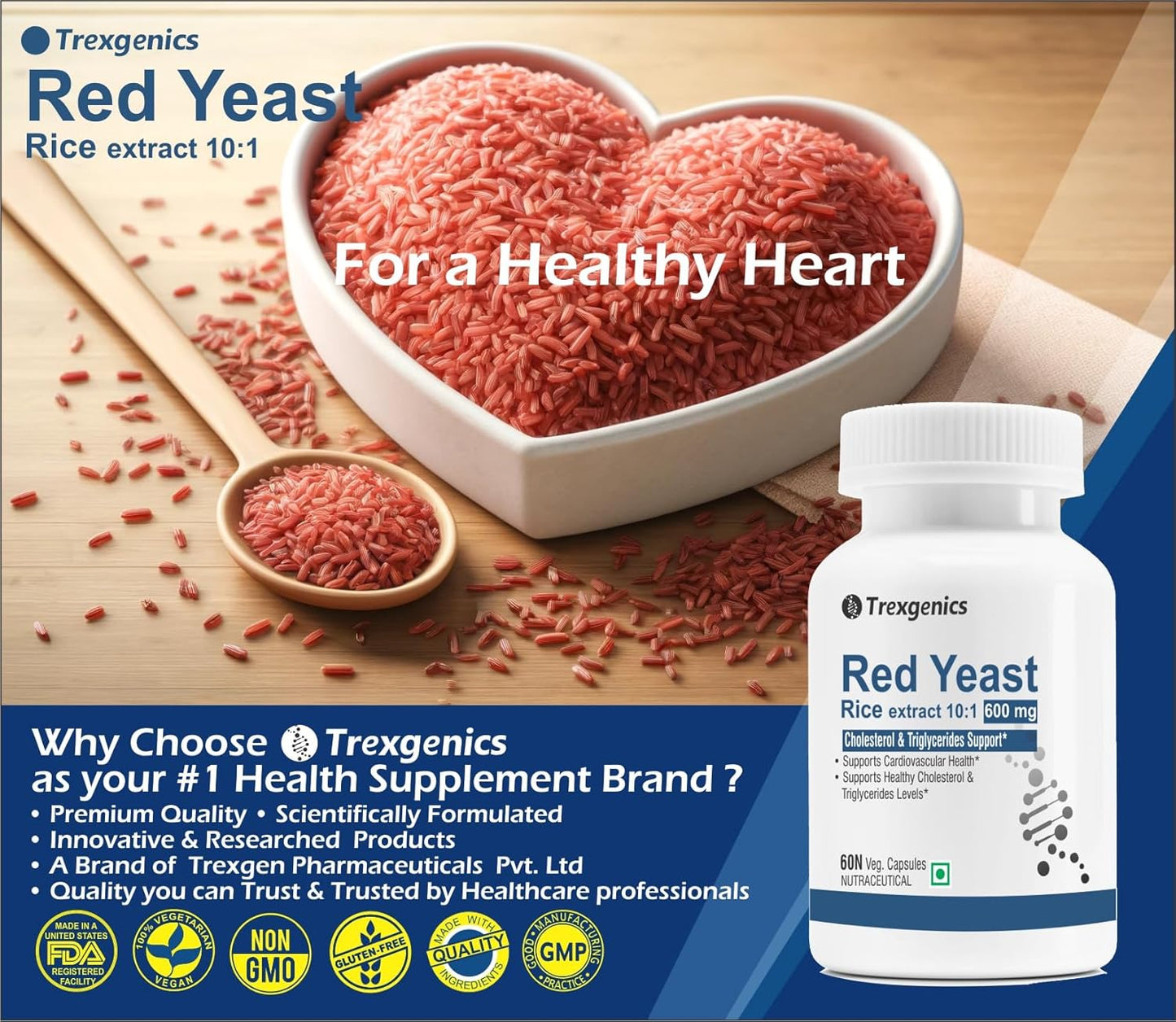 Trexgenics RED YEAST RICE extract 600 mg Cholesterol, Triglycerides Support (60 Veg Capsules) (Pack of 1)