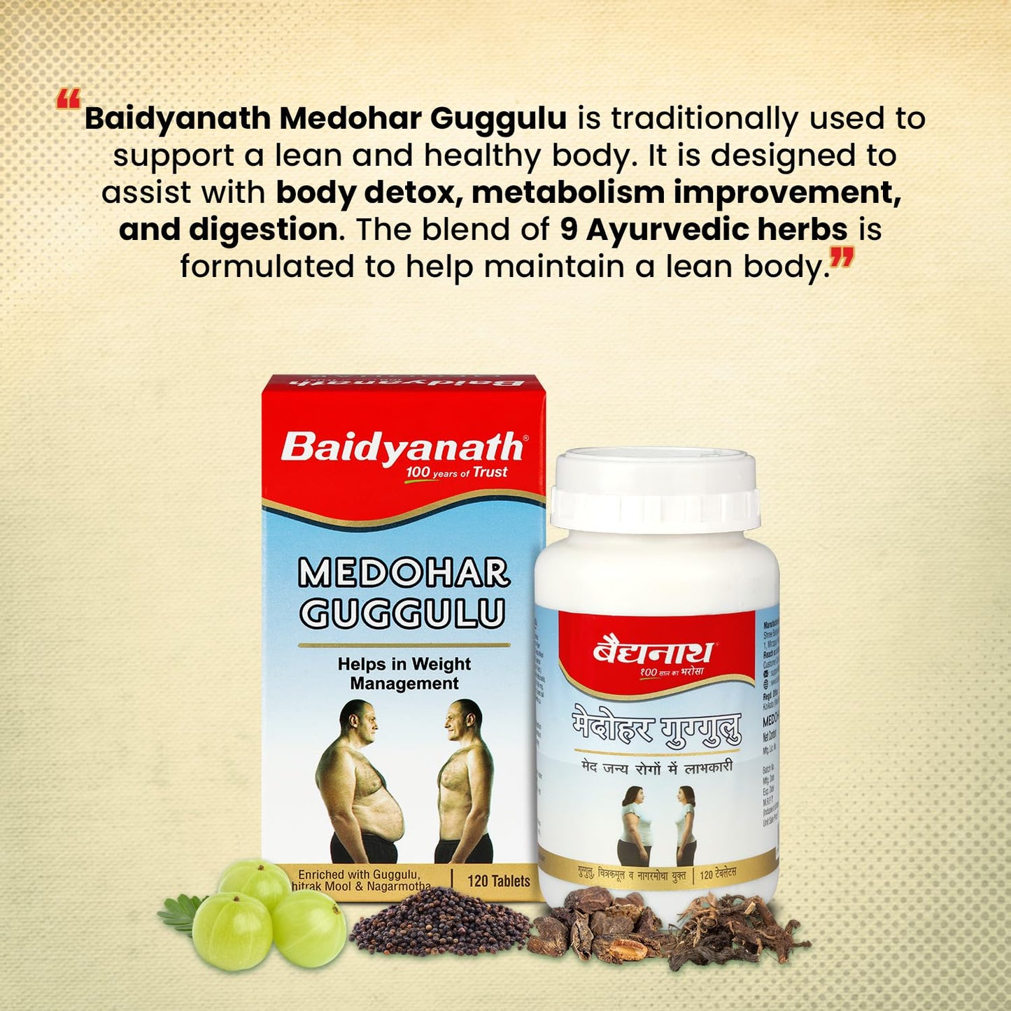 Baidyanath Ayurved Medohar Guggulu Tablets, Enriched with Guggulu, Chitrakmool and Nagarmotha- 120 Tab (Pack of 1)