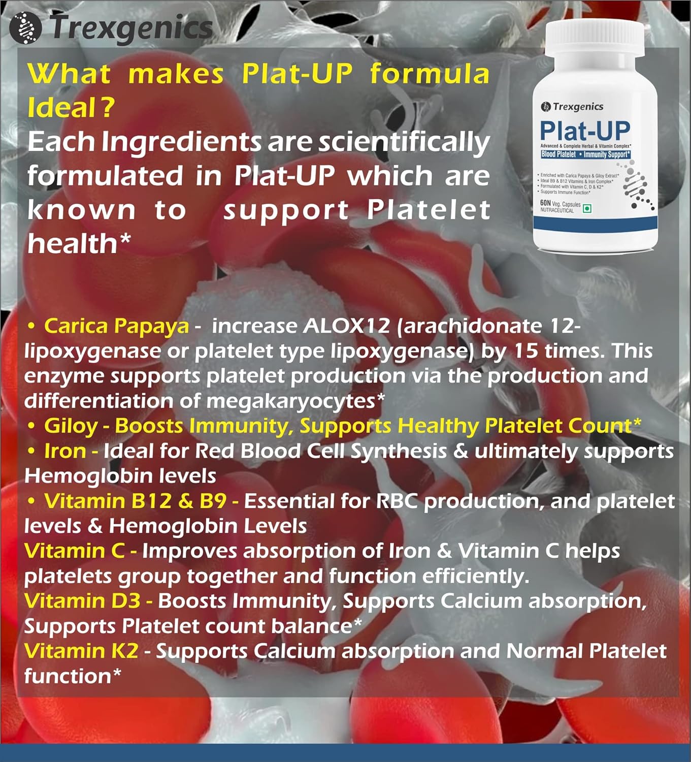Trexgenics PLAT-UP Platelet Support, Hemoglobin, Advanced Formula VEGAN (60 Veg. Capsules) (Pack of 1)