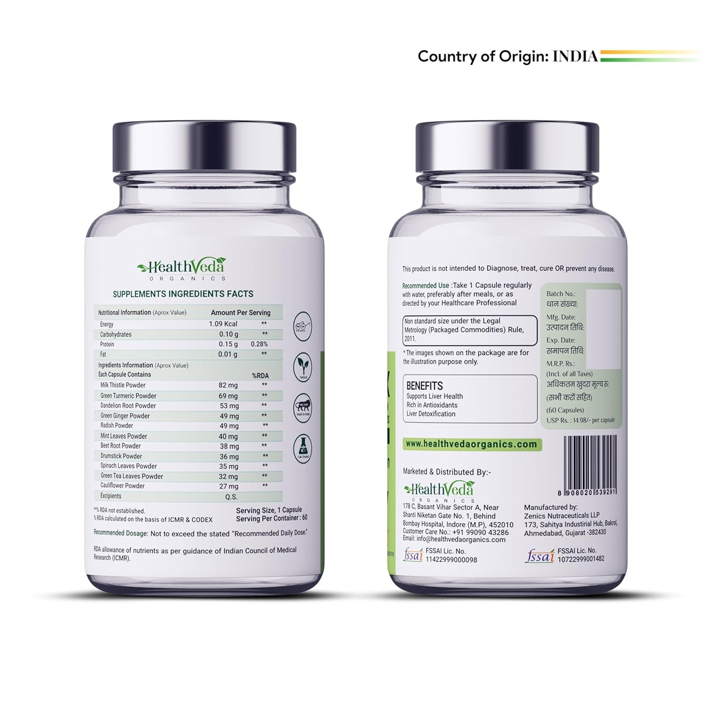 Health Veda Organics Plant Based Liver Detox with Milk Thistle, Green Turmeric, Ginger Powder | Liver Detox Supplement for Healthy Liver, Helps in Cleanse Liver Natural Fatty Liver Support - 60 Vegetarian Capsules