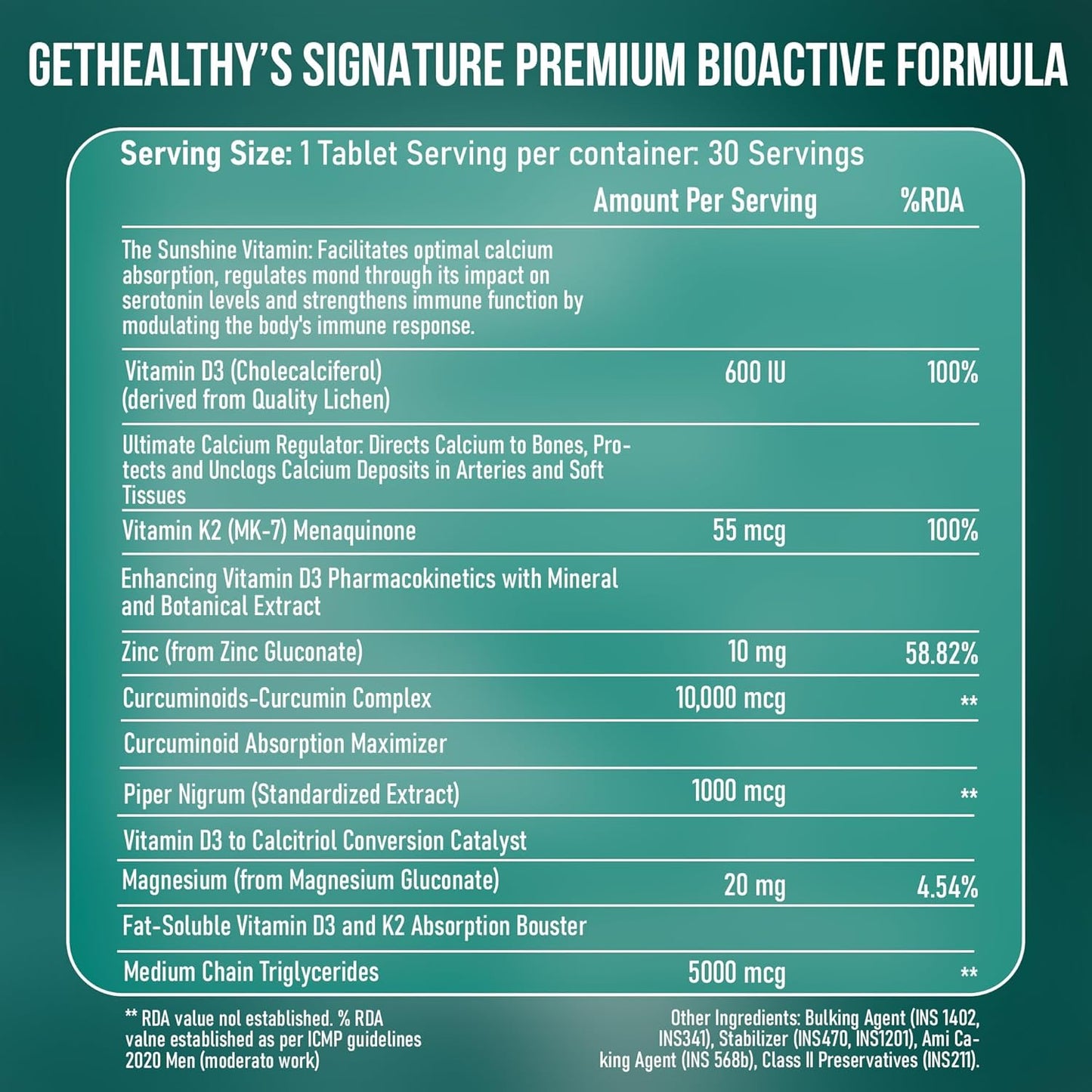 GetHealthyÂ® Sunshine Vitaminâ„¢ | Vegan Vitamin D3 K2 MK7 Tablets | 600 IU Vitamin D3 + K2 Supplement for Bone, Heart & Immune Support | 120 Day Supply | Third-Party Lab Tested