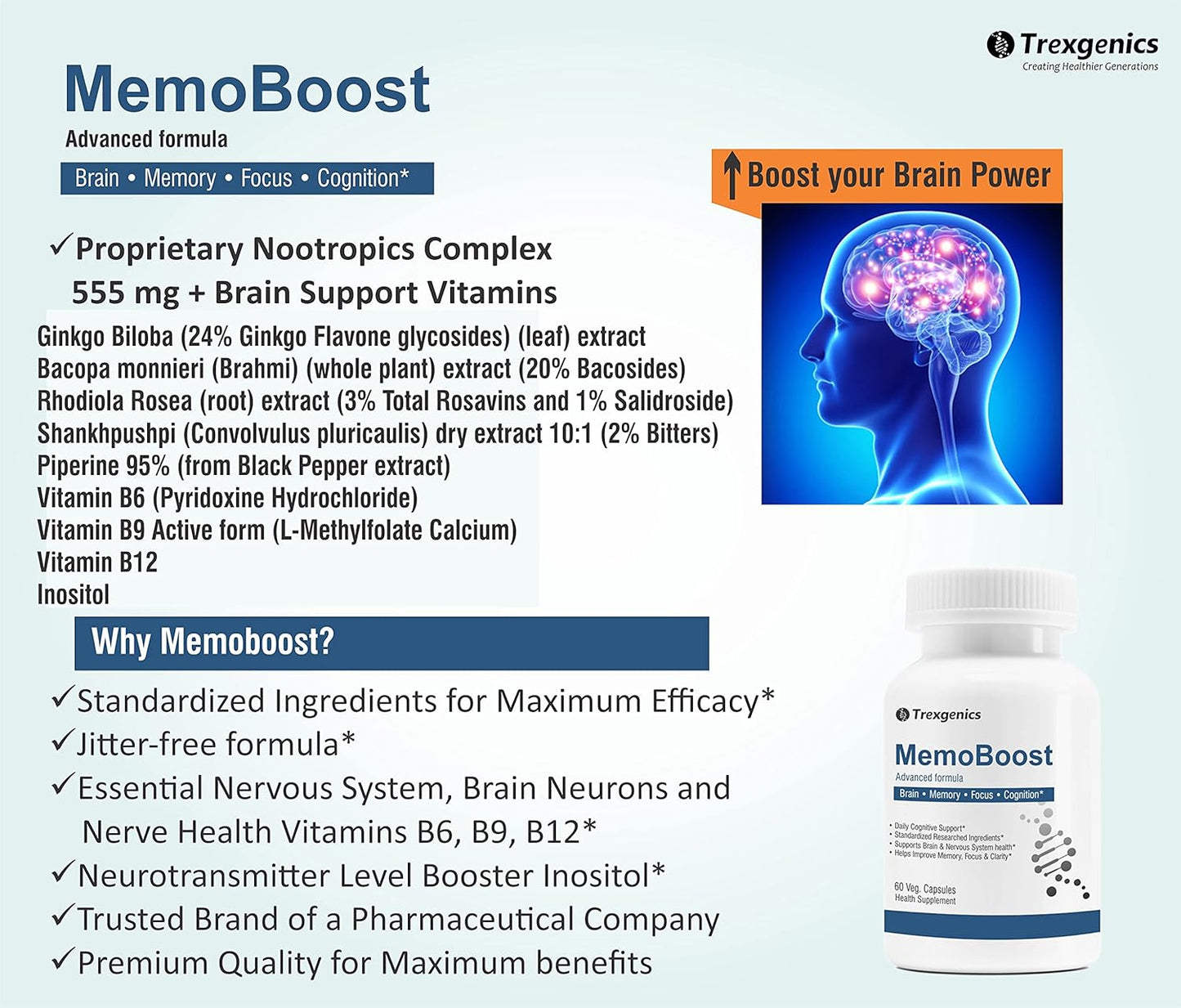Trexgenics Nootropic Memoboost Max High Strength Advanced Natural Herbs & Vitamin Complex 60 Veg. Capsules(1)