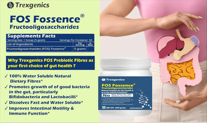 Trexgenics FOS FOSSENCE FRUCTOOLIGOSACCHARIDES PURE POWDER Prebiotic Soluble Fibres for Gut Health, Low Calorie Natural Sweetener (Fossence FOS (250 gram))