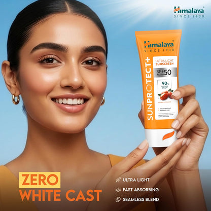 Himalaya Sun Protect+ Ultra Light Sunscreen | 90% Natural Origin Ingredients | In vivo tested SPF 50 PA++++ | Dermatologically tested for all skin types | No white cast | Sweat Resistant | 50g