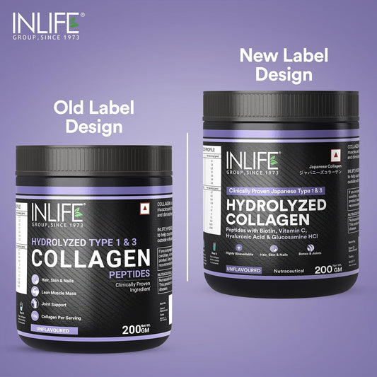 INLIFE Japanese Hydrolyzed Collagen Peptides Powder Clinically Proven Ingredient, Type 1 & 3, Skin Health, Bone Health Supplement for Men & Women (Unflavoured, Collagen, 200g)