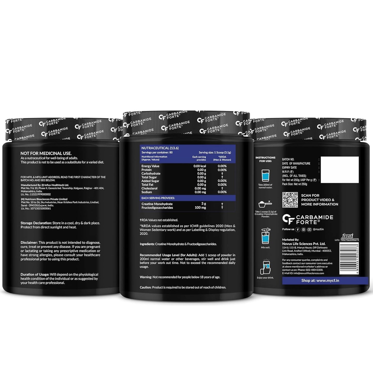 Carbamide Forte Creatine Powder|Micronized Creatine Mono Hydrate|Creatine Monohydrate 250 G For Lean Muscle Volumization|Gym Supplements For Men For Strength & Energy-Unflavoured Powder-80 Servings