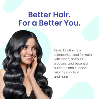 Revital Biotin+ with Amla and DHT Blockers for Hair Growth | Biotin, Amla, Zinc, Vitamin E & Pantothenic Acid | Supports Hair Strength & Skin Health | 50 tablets