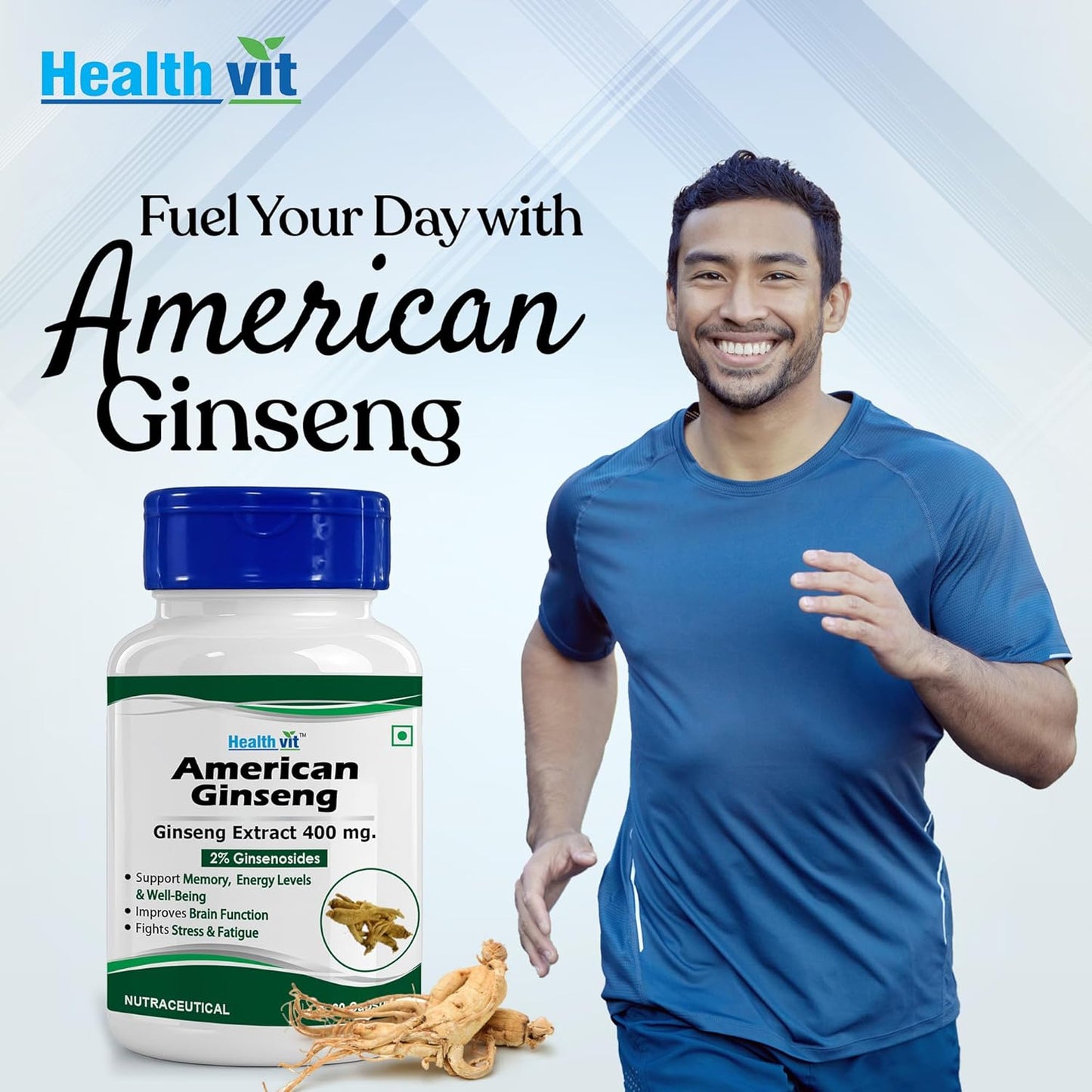 Healthvit American Ginseng 400mg (2% Ginsenosides) | Supports Brain Function, Boosts Immunity, Energy & Memory | Vegan & Gluten Free | 60 Capsules