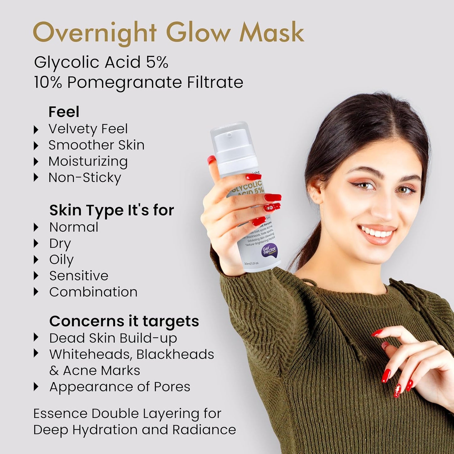Get Nectar Happiness Overnight Glow Glycolic Acid Mask 5% w/w with 10% Pomegranate Essence for Anti-Acne and Blemishes | Help Minimize Dark Spots, Blackheads, Exfoliating, Skin Glowing Texture (30ml)