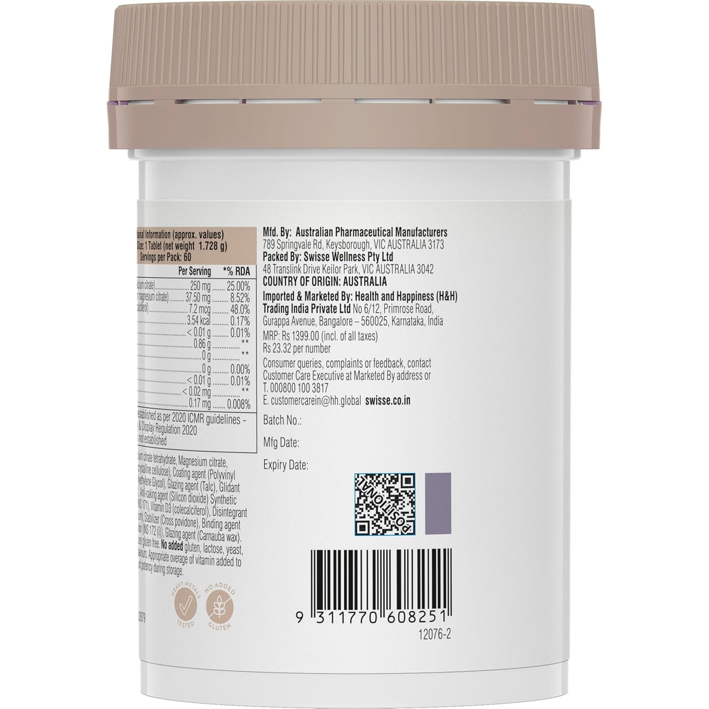 Swisse Magnesium, Calcium+D3 Supports Muscle Function, Energy & Bone Health (Manufactured In Australia) - 60 Tablets (1 Tablet Per Serving)