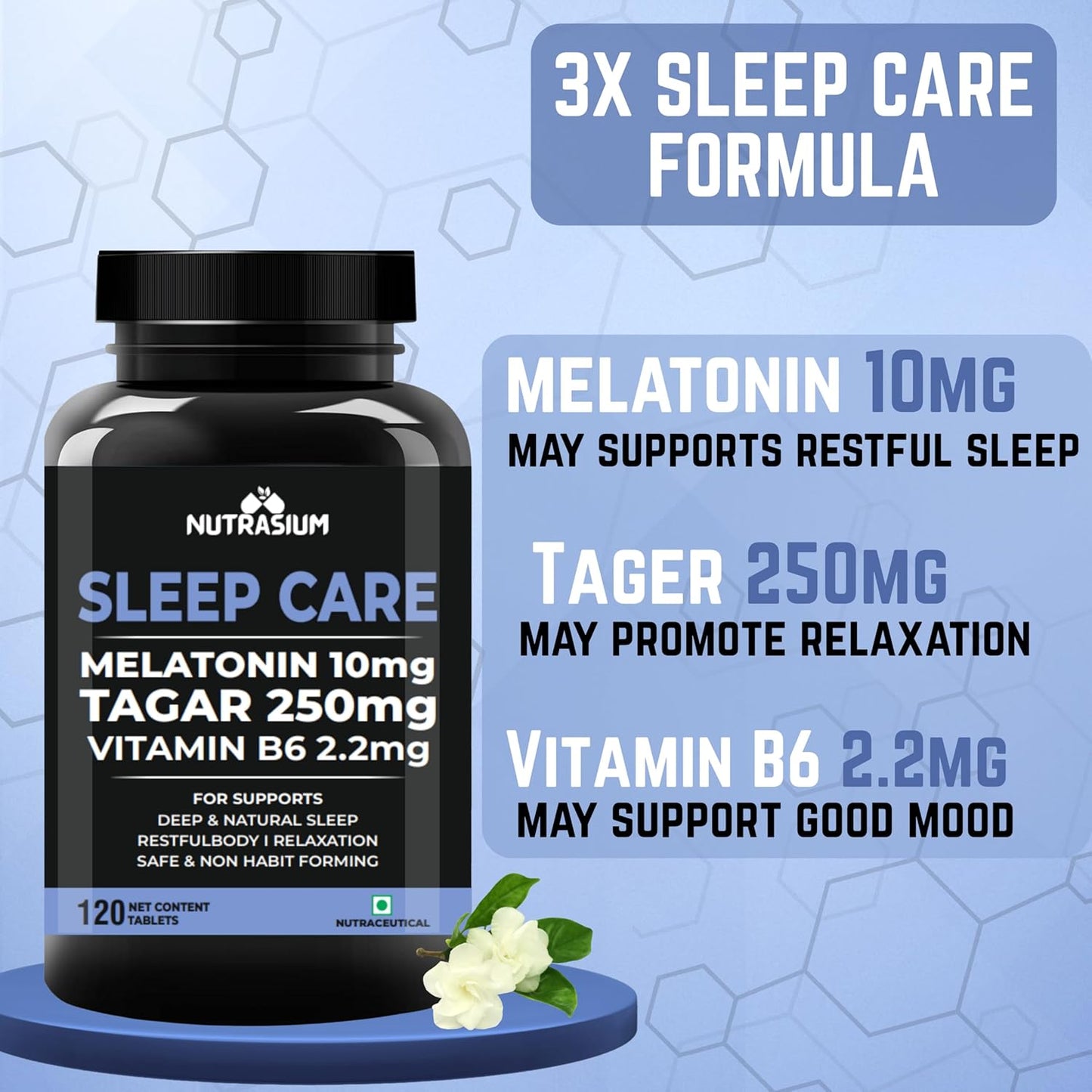 Nutrasium Melatonin 10 mg Sleeping Pill with Tagar 250 mg | Sleep Supplement for Men & Women | Melatonin Tablet for Restful & Deep Natural Sleeps | Sleep Care Tablets 120 (120 Tablets, Sleep Care)