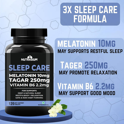 Nutrasium Melatonin 10 mg Sleeping Pill with Tagar 250 mg | Sleep Supplement for Men & Women | Melatonin Tablet for Restful & Deep Natural Sleeps | Sleep Care Tablets 120 (120 Tablets, Sleep Care)
