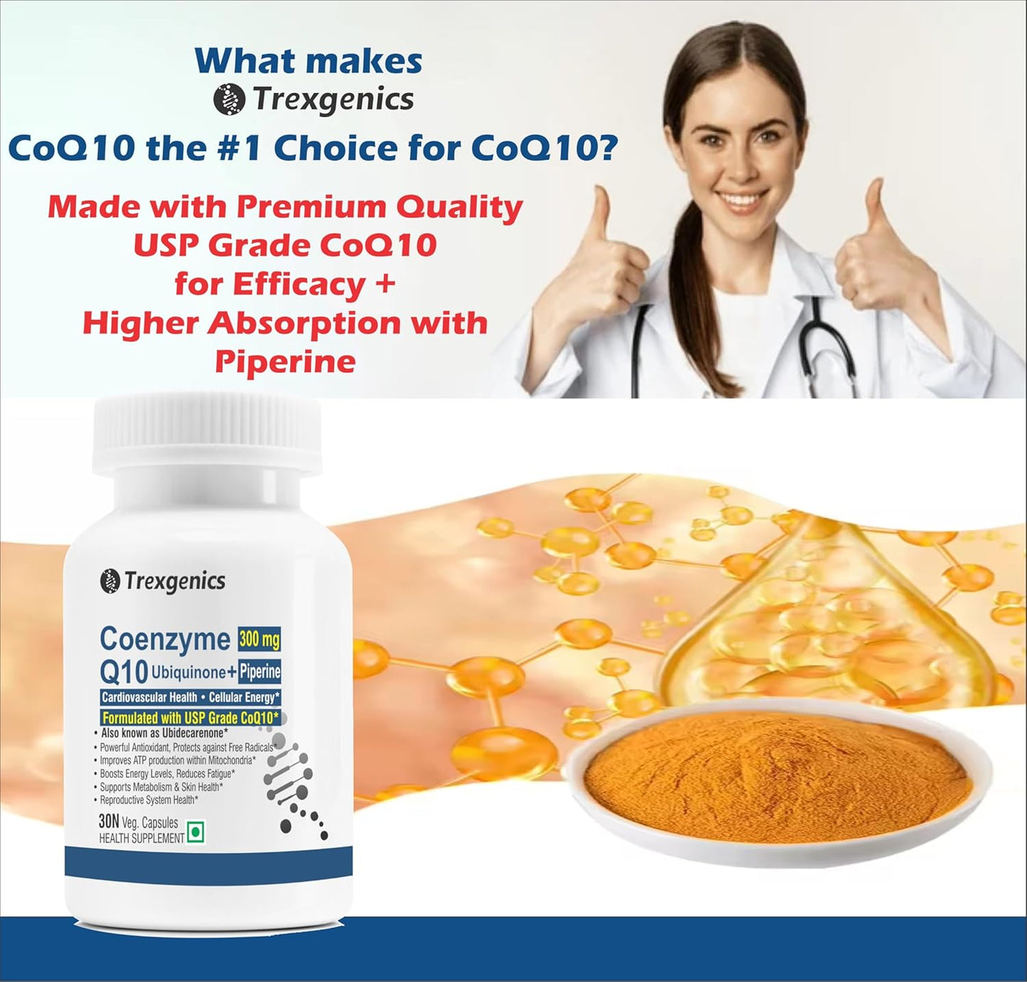 Trexgenics COENZYME Q10 300 mg USP grade Ubiquinone (Ubidecarenone) with Piperine 12 mg Antioxidant, Cellular Energy, Heart Health (30 Veg Capsules))