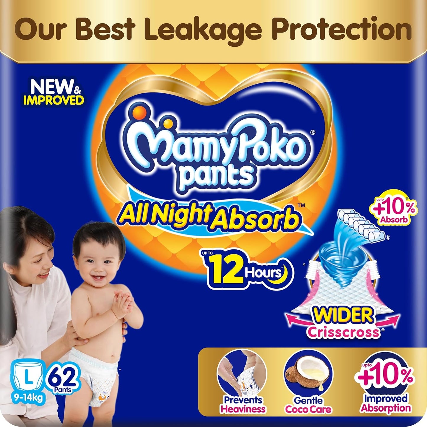 New Mamypoko Pants Premium All Night Absorb| Pant Style Baby Diapers Large Size(L), 62 Count, Ideal for 9-14Kgs|1 Diaper= Upto All Night Absorption now with 10% increased power|Wider Crisscross Sheet|Gentle Coco Care| 12hr Leakage Protection