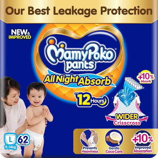 New Mamypoko Pants Premium All Night Absorb| Pant Style Baby Diapers Large Size(L), 62 Count, Ideal for 9-14Kgs|1 Diaper= Upto All Night Absorption now with 10% increased power|Wider Crisscross Sheet|Gentle Coco Care| 12hr Leakage Protection