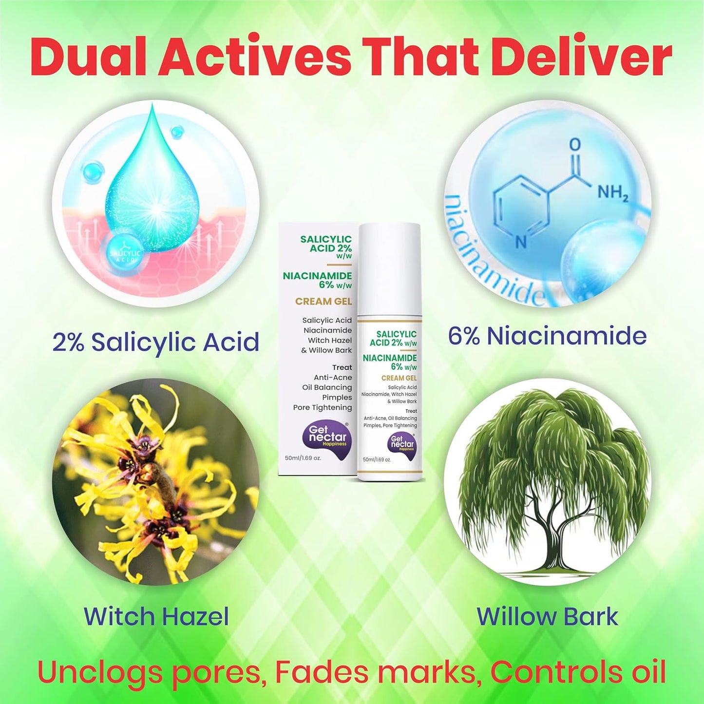 Get Nectar Happiness 2% Salicylic Acid 6% Niacinamide Acne Treatment Gel with Oil-Free for Active Acne, Pimples Oil Balancing, Pore Tightening & Brightens and Smoothens 50ml
