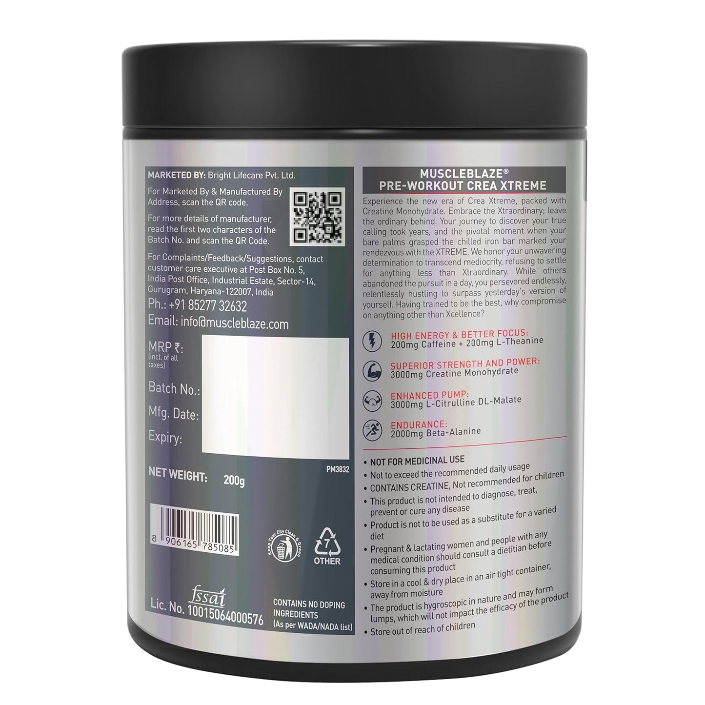 MuscleBlaze Pre Workout Crea-Xtreme (Berry Lime, 200g, 20 Servings) | 3000 mg Creatine Monohydrate, 200mg Caffeine, 200mg Theanine, 2000mg Beta Alanine