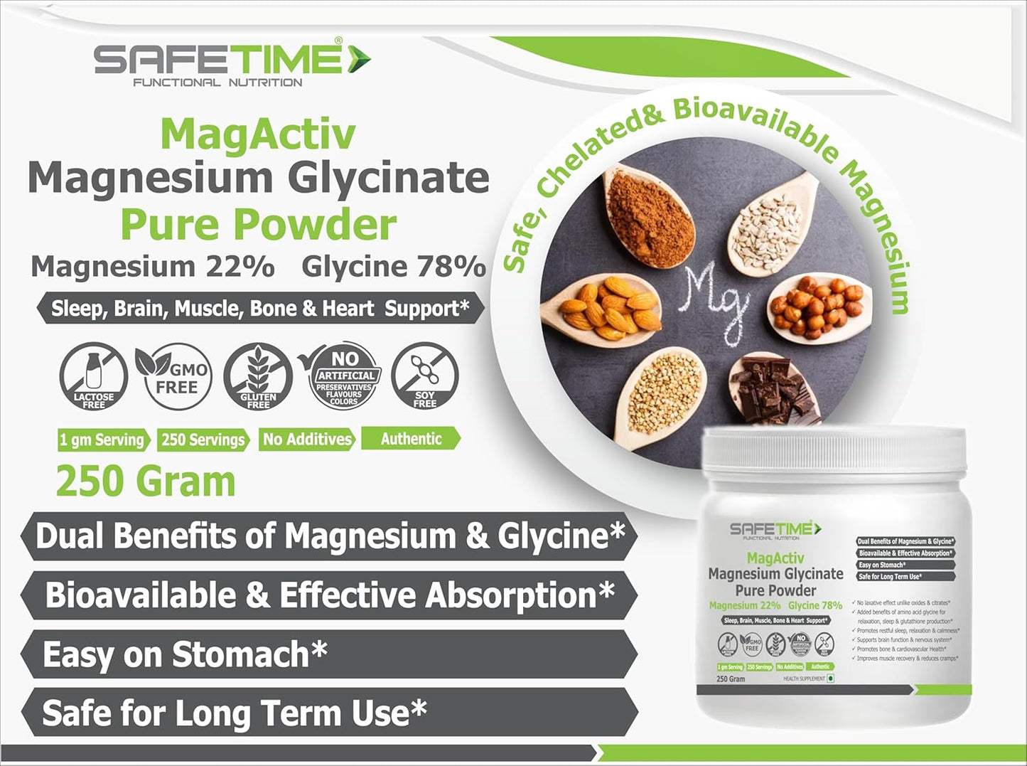 MagActiv MAGNESIUM GLYCINATE PURE POWDER 250 GRAM, 22% Magnesium 78% Glycine, Heart, Sleep, Bone,Metabolism, Migraine, Relaxation, Stress Support (250 gram) (Pack of 1)