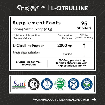 Carbamide Forte L Citrulline Powder 2000mg | pre workout Supplement for men & Women | L Citrulline Malate Powder | 2000mg 100 Unflavored Servings