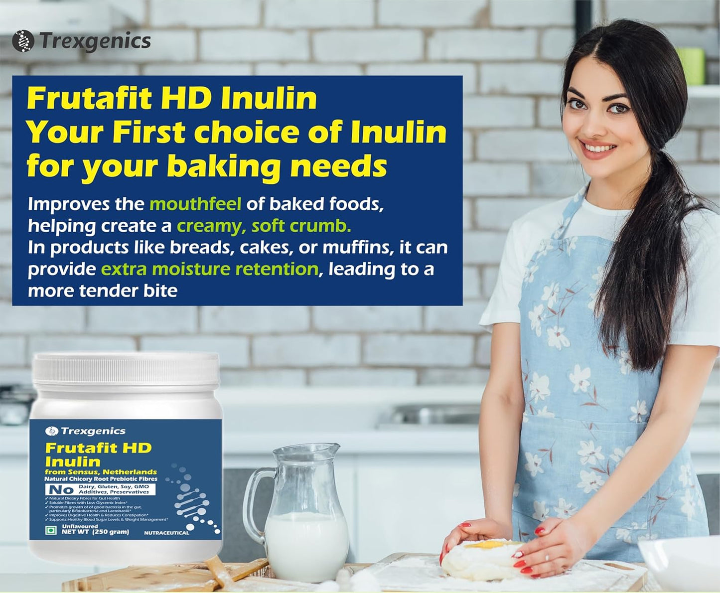 Trexgenics INULIN FRUTAFIT HD PURE POWDER From SENSUS, NETHERLANDS, Chicory root source prebiotic fibres for Gut Health (Frutafit HD Inulin (250 gram))