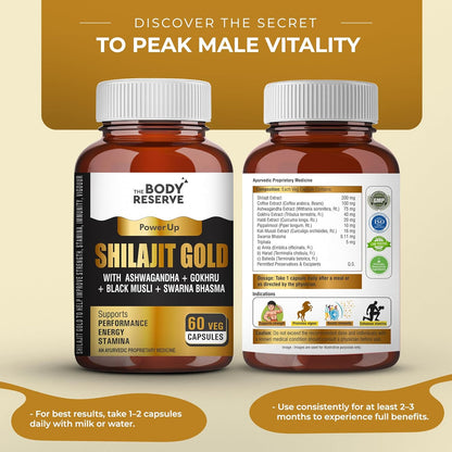 The Body Reserve Shilajit Gold Capsules For Men Himalayan Shilajeet With 24 Carat Gold, Gokshura, Ashwagandha, Kali Musli & Other Herbs For Stamina, Muscle Growth & Energy Ayurvedic 60 Veg Capsules