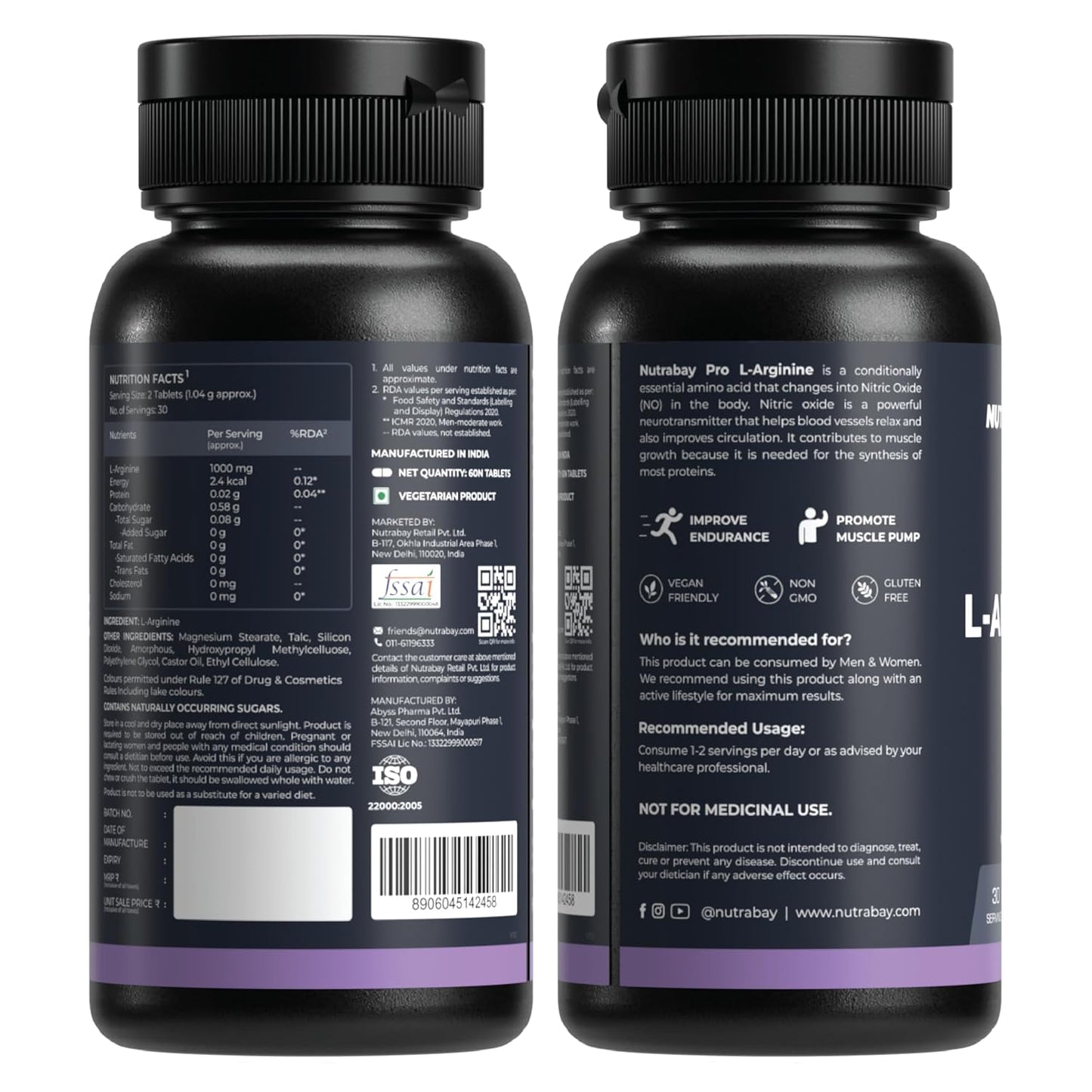 Nutrabay Pro L-Arginine Tablets 1000mg per Tablet â€“ Improve Endurance, Promote Muscle Pump, Non-GMO, Vegan Friendly â€“ 60 Veg Tablets| Tested for Purity | 100% Authentic