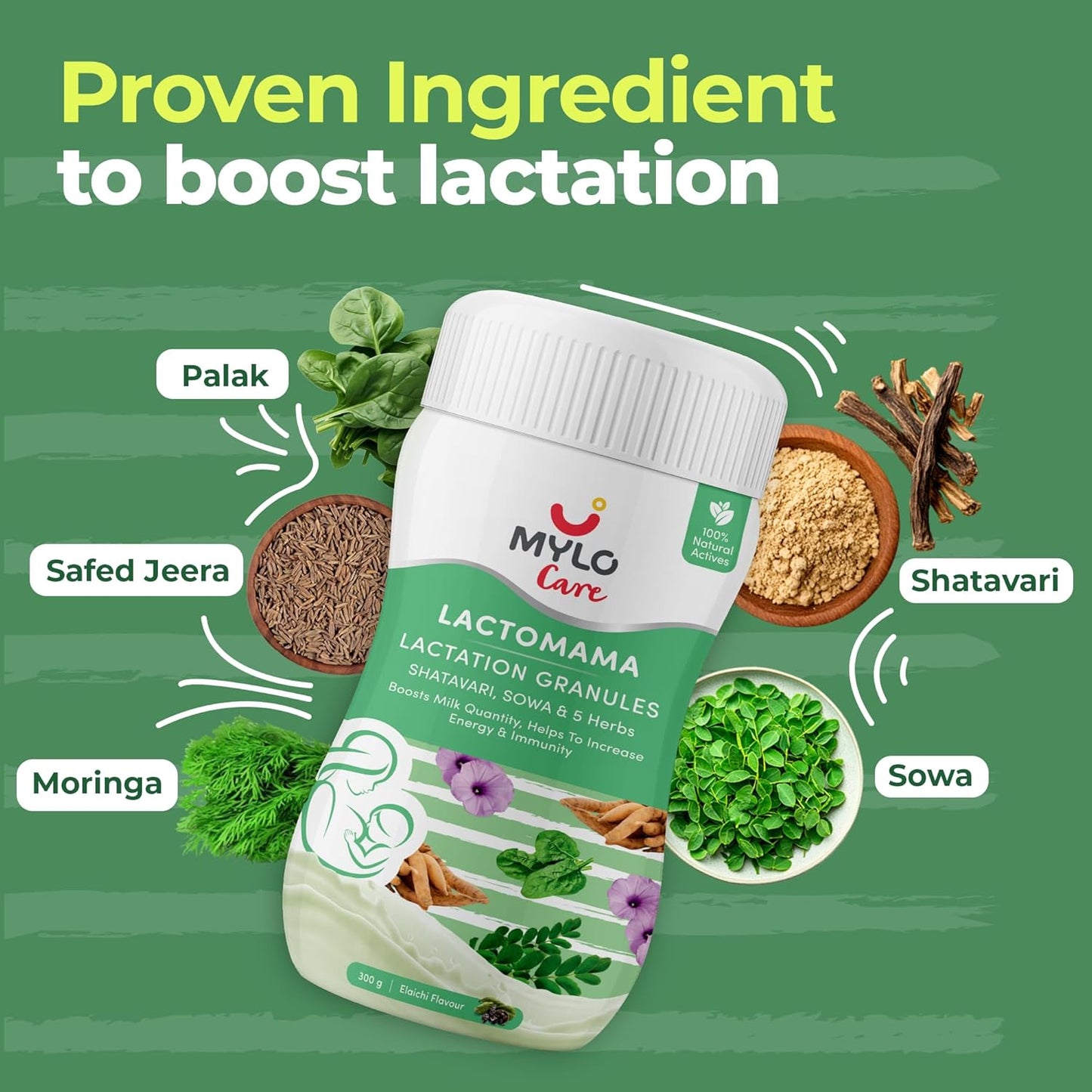 Mylo Lactomama Granules â€“ Lactation Supplement for breastfeeding with Shatavari to Increase Breast Milk (Elaichi Flavour - 300 g ) | With Herbs like Moringa, Sowa & 5 Others | 2 Scoops per Serving (Pack of 1, Elaichi)