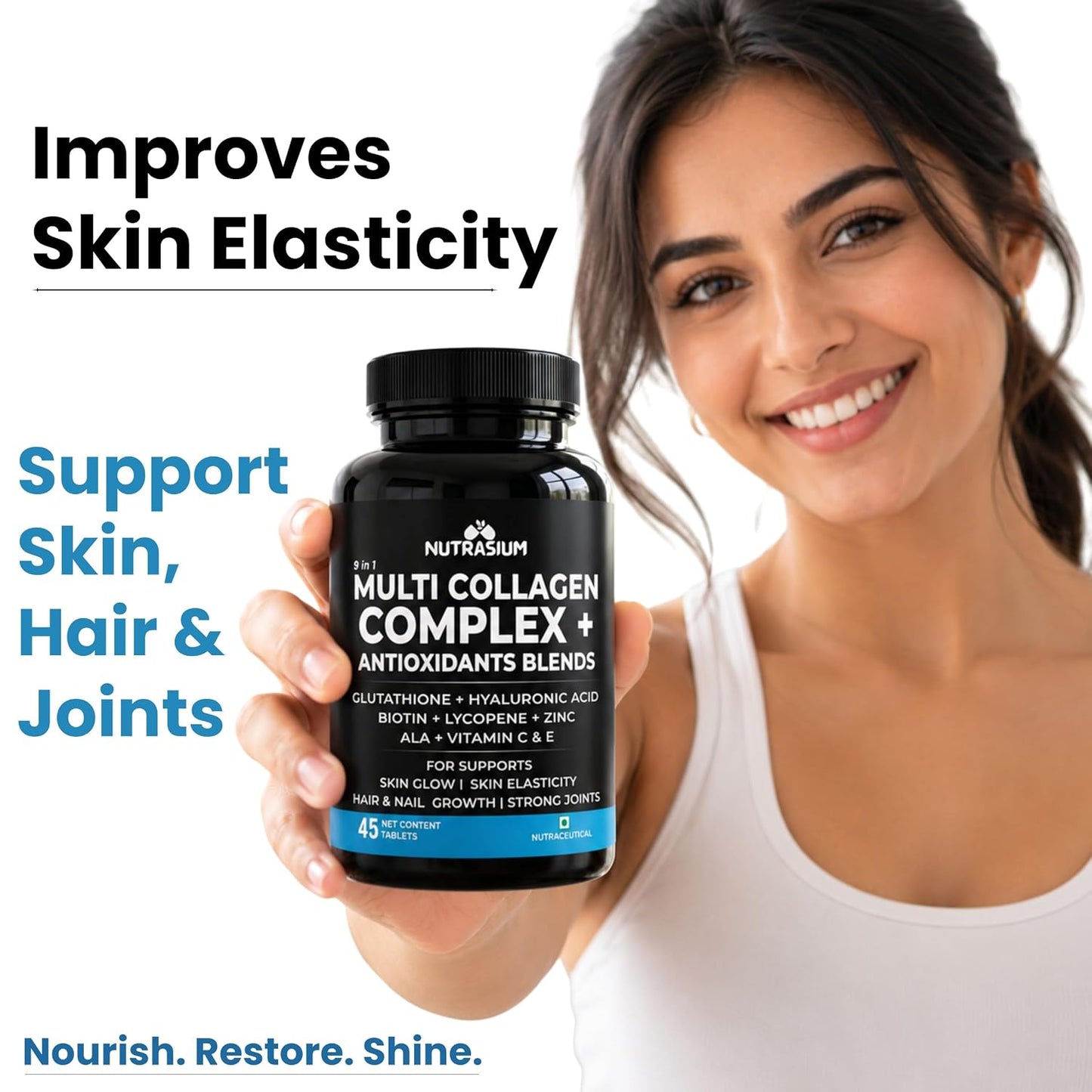 Nutrasium Multi Collagen Complex with Glutathione For Skin Radiance | with Hyaluronic Acid, Vitamin C & E | Veg Collagen Tablets For Skin & Hair | 90 tablets