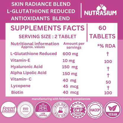 Nutrasium L-Glutathione 600 mg with Hyaluronic Acid & Biotin | For Skin Glow, Hydration, Even Skin tone & Skin Radiance | Reduce Pigmentation & Dark Spot | 60 Tablets