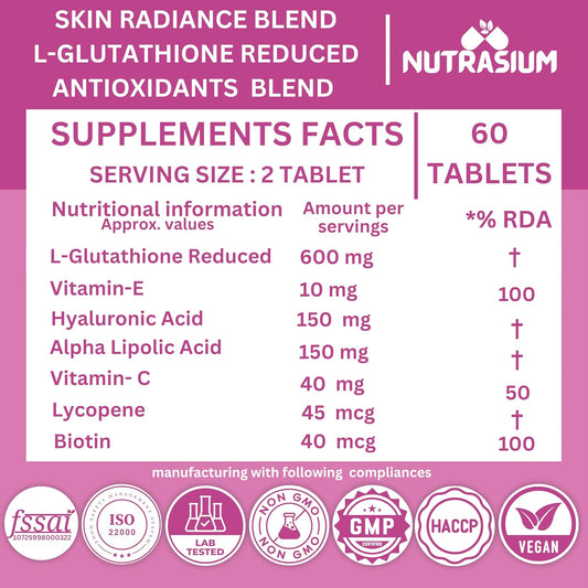 Nutrasium L-Glutathione 600 mg with Hyaluronic Acid & Biotin | For Skin Glow, Hydration, Even Skin tone & Skin Radiance | Reduce Pigmentation & Dark Spot | 60 Tablets