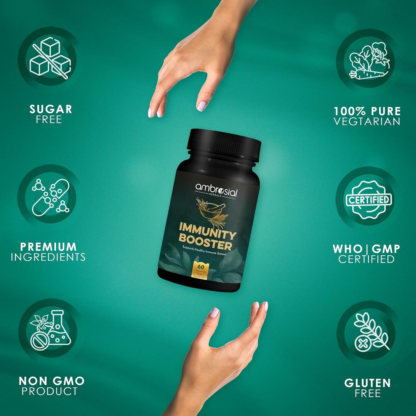 Ambrosial Herbal Immunity Booster Immunity Supplements with Blend of 6 Natural Herbs: Amla, Ashwagandha, Giloy, Turmeric, Black Pepper & Licorice | Immune Booster for Adults (Pack of 1 60 Capsules)