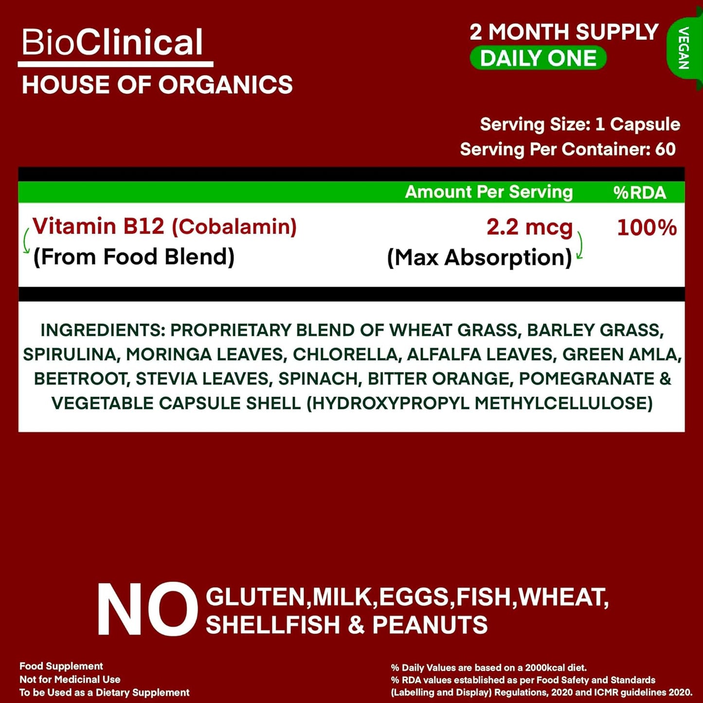 BioClinical Plant Based Vitamin B12 Supplement for Men & Women -2 Months- Organic Vit B 12 - Nature made Ayurvedic Rasayana & Green Food -For Stress In Life,Nerve & Brain Health -60 vegan capsules