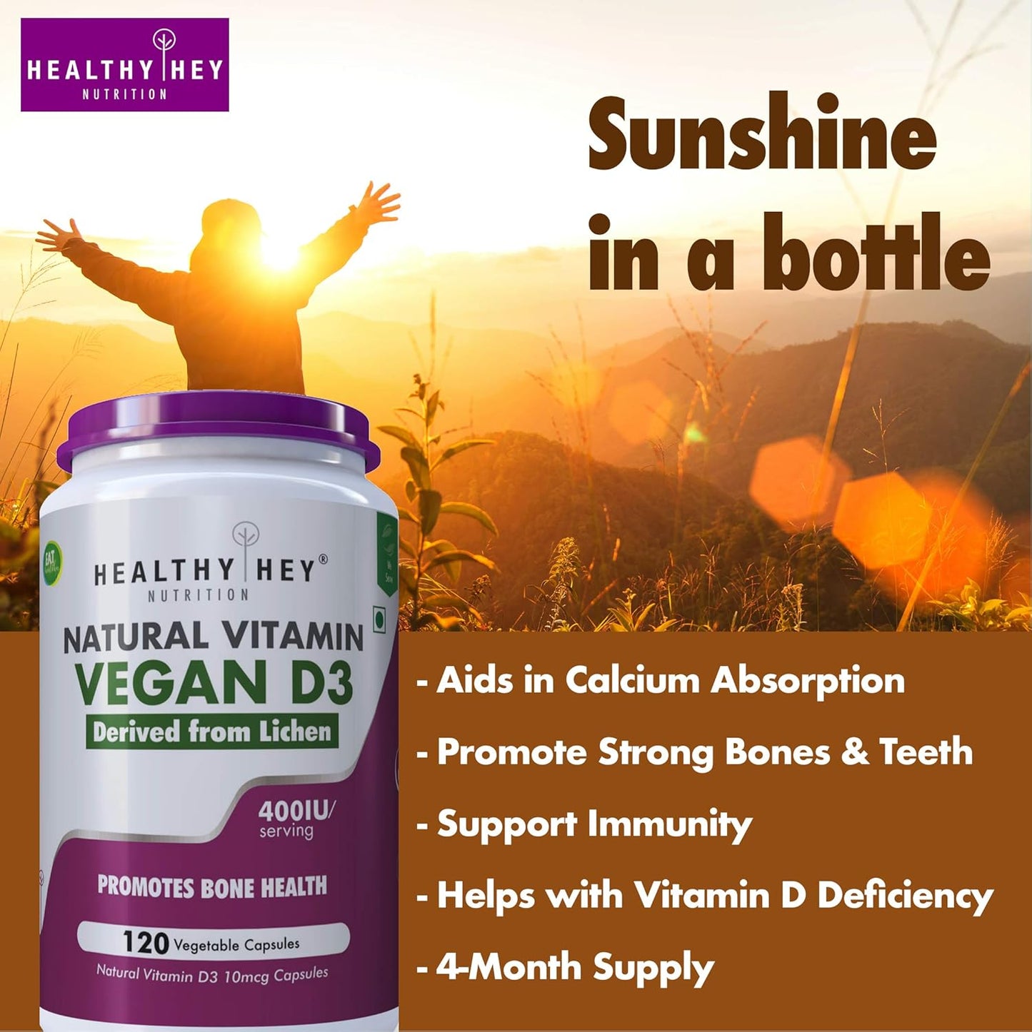 HealthyHey Nutrition Vegan Vitamin D3 - Natural Plant Based - Non GMO - Gluten Free - 400 IU 120 Veg Capsules