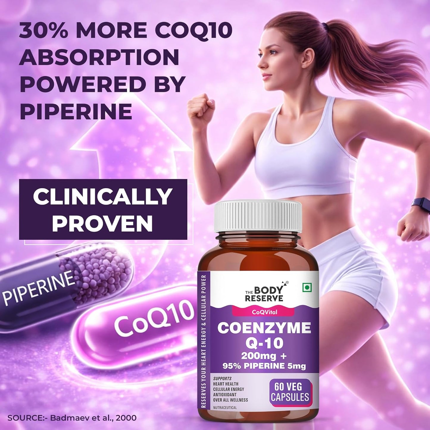 The Body Reserve Coenzyme Q10 200mg with 95% Piperine â€“ High Absorption CoQ10 Supplement for Heart & Vascular Health | Supports Energy Production & Cellular Function | Powerful Antioxidant | 60 Vegetarian Capsules
