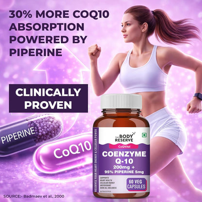 The Body Reserve Coenzyme Q10 200mg with 95% Piperine â€“ High Absorption CoQ10 Supplement for Heart & Vascular Health | Supports Energy Production & Cellular Function | Powerful Antioxidant | 60 Vegetarian Capsules