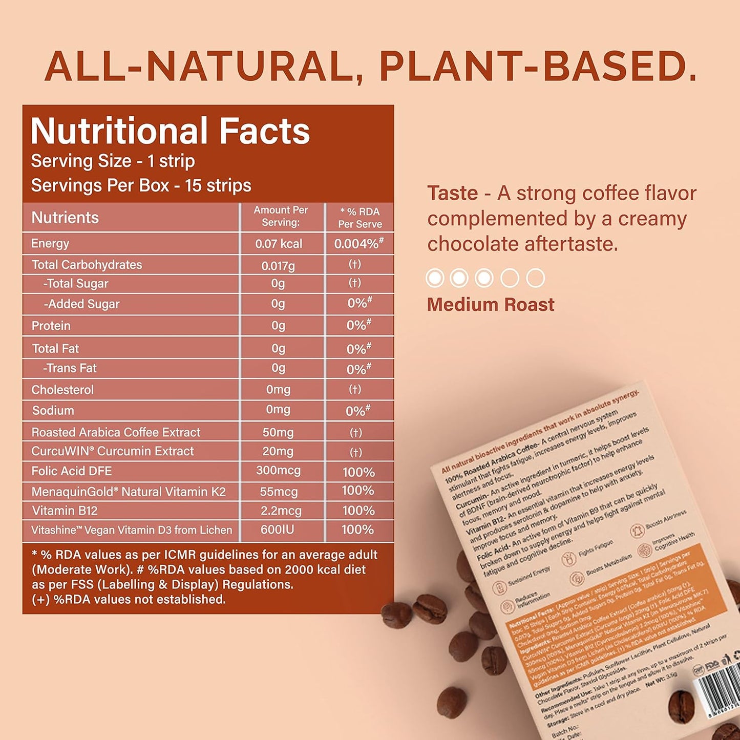 Wellbeing Nutrition Melts Energy Mocha | Arabica Coffee, CurcuWINÂ®, Folate and Vitamin B12 for Sustained Energy, Enhanced Focus & Improved Cognitive Health | Mocha Flavor (15 Oral Strips)