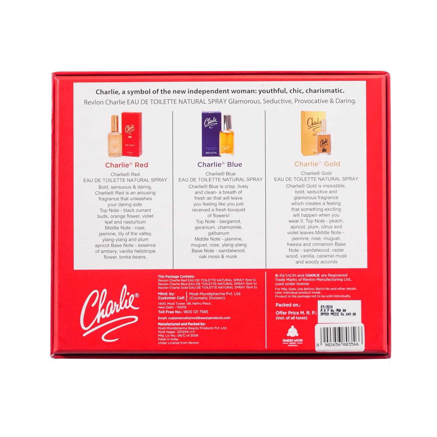 Revlon Charlie Gold EDT,Charlie Red EDT,Charlie Blue EDT Premium Long Lasting EDP Perfume |Parfum Gift Set 3 x 15 ml