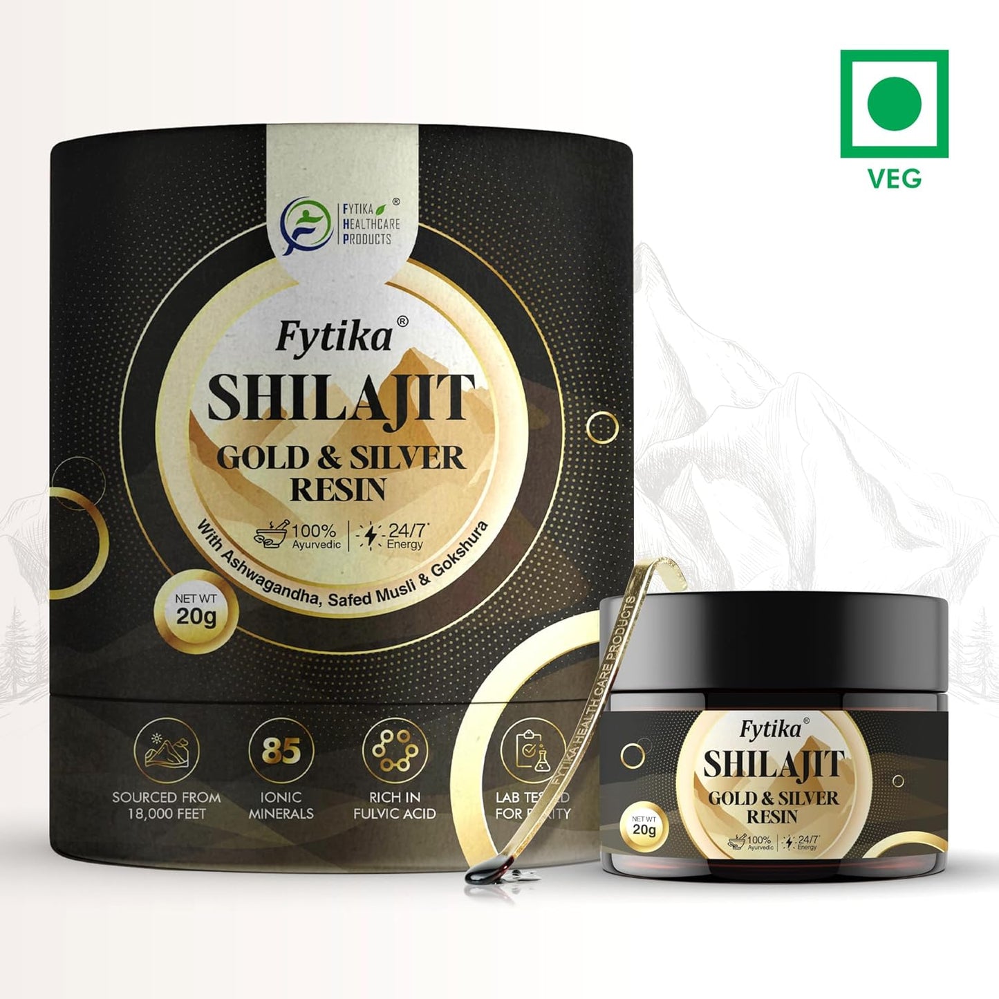 FYTIKA Shilajit/Shilajeet Gold And Silver Resin-20 G|100% Ayurvedic Himalayan Shilajit|Swarn Bhasam,Rajat Bhasam,Ashwagandha,Safed Musli,Gokshura|For Strength,Stamina And Energy,1 Count,20 Grams