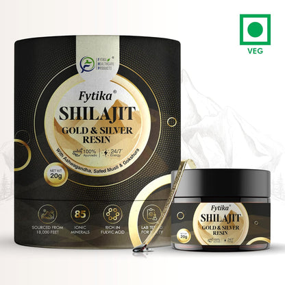 FYTIKA Shilajit/Shilajeet Gold And Silver Resin-20 G|100% Ayurvedic Himalayan Shilajit|Swarn Bhasam,Rajat Bhasam,Ashwagandha,Safed Musli,Gokshura|For Strength,Stamina And Energy,1 Count,20 Grams