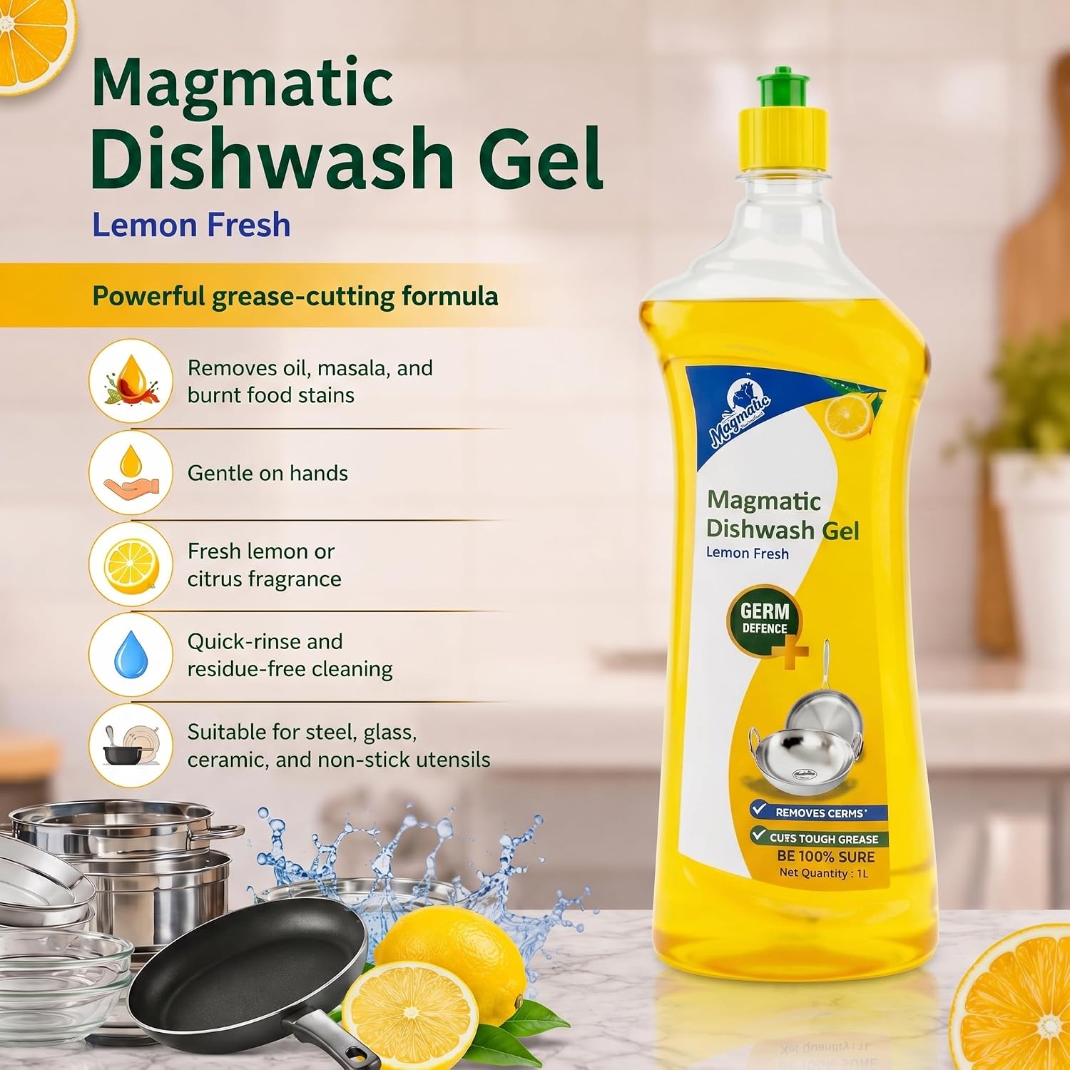 Magmatic Lemon Fresh Dishwash Liquid Gel 1L