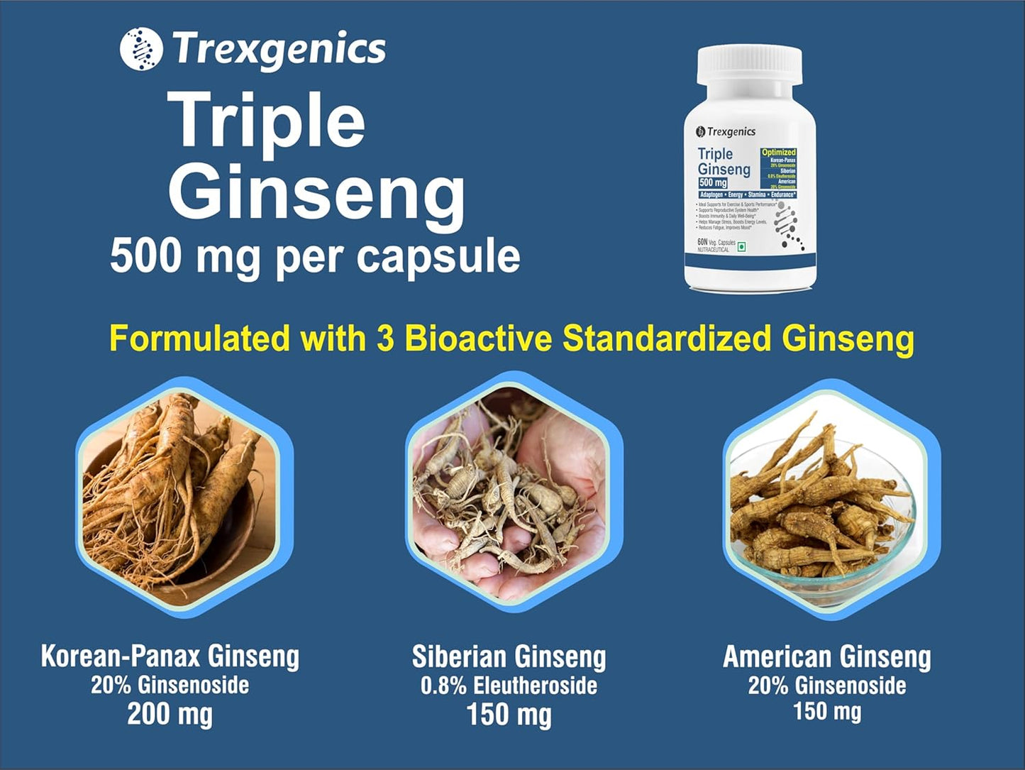 Trexgenics TRIPLE GINSENG 500 mg Optimized American, Siberian, Panax Ginseng Immunity, Energy, Performance (60 Veg. Capsules) (Pack of 1)