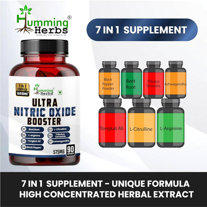 Humming Herbs ULTRA NITRIC BOOSTER - 7in1 | Beet Root, L-Arginine, Tongkat Ali, Black Pepper, L-Citrulline, Tribulus Terrestris & Ashwagandha - Enhance Energy, Performance, and Stamina - 90 Cap