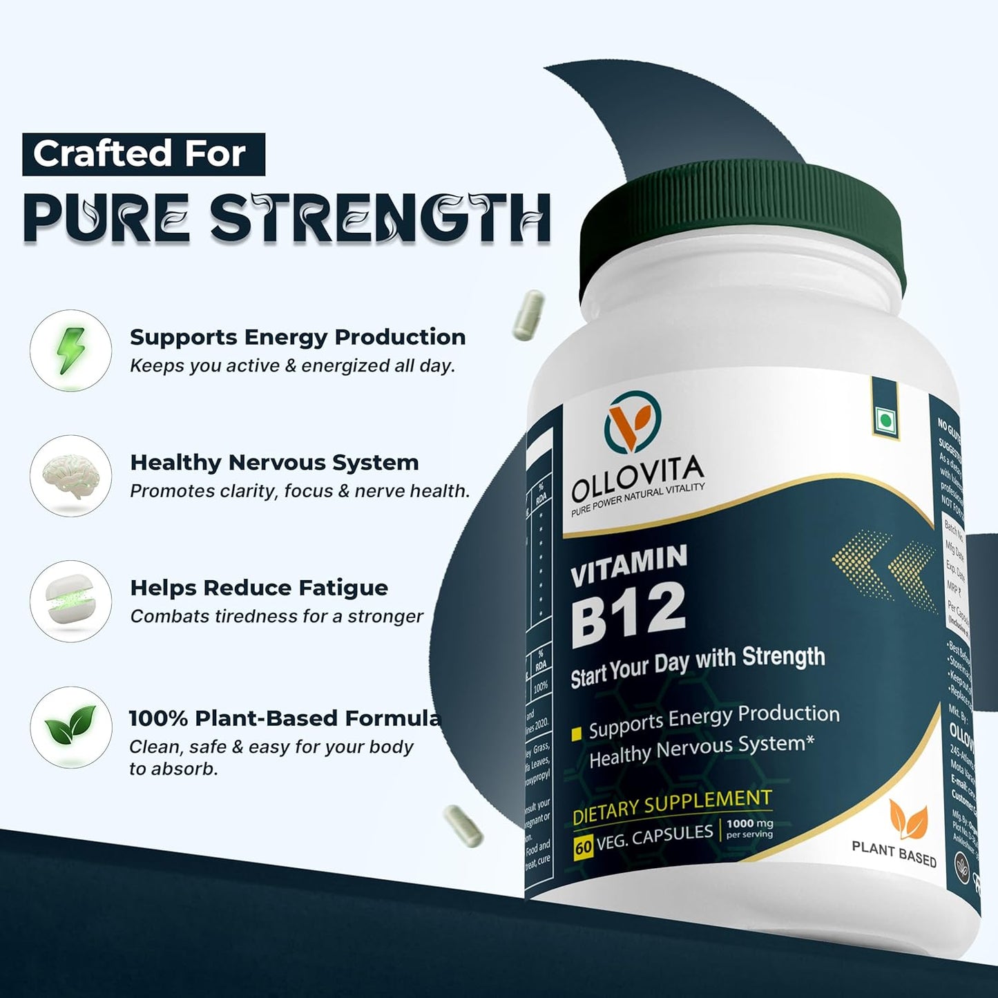 Vitamin B12 Supplement â€“ 1000mcg Plant-Based Veg Capsules for Energy, Metabolism & Nerve Support | Boosts Vitality & Wellness | Supports Red Blood Cells | 60 Capsules